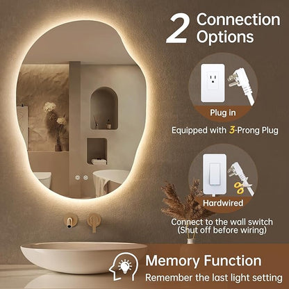 LOVESPEJO Irregular Backlit Mirror Bathroom 25x35 Inch, Asymmetrical LED Bathroom Mirror with Lights, Fogless, Dimmable, 3 Color Changing, Horizontal/Vertical
