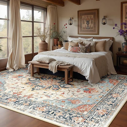 RELEANY Area Rugs 5'x8' Washable Non-Slip, Floral Vintage Distress Print Pattern Medallion Carpet for Living Room Bedroom Dining Room, Beige Navy Blue Orange Colorful