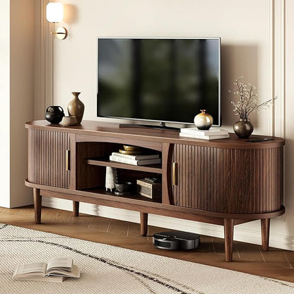 Decofy Mid Century TV Stand for TVs up to 70 Inches, Entertainment Center with Storage, Power Outlet, Fluted Sliding Doors & Adjustable Shelves, Modern Media TV Console Table for Living Room (Walnut)