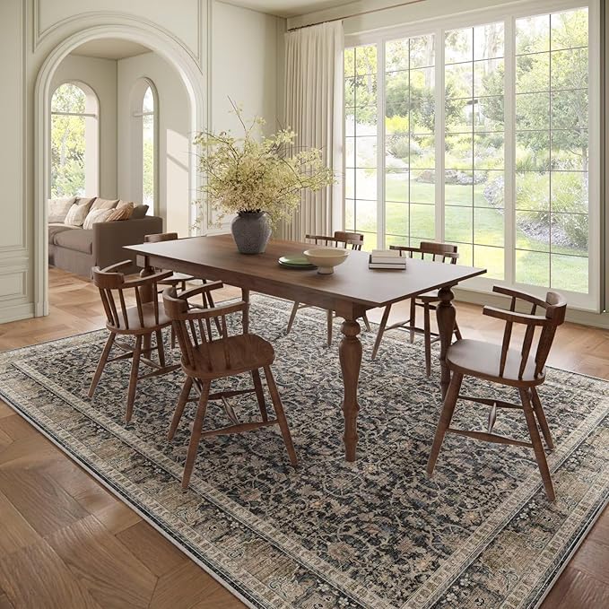Washable 8x10 Area Rugs for Living Room, Boho Non-Slip Vintage Distress Large Rugs for Bedroom Dining Room Nursery Office, 0.3" Neutral Oriental Throw Thin Carpet, Black/Blue/Multi,A1