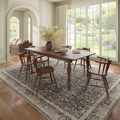 Washable 8x10 Area Rugs for Living Room, Boho Non-Slip Vintage Distress Large Rugs for Bedroom Dining Room Nursery Office, 0.3" Neutral Oriental Throw Thin Carpet, Black/Blue/Multi,A1