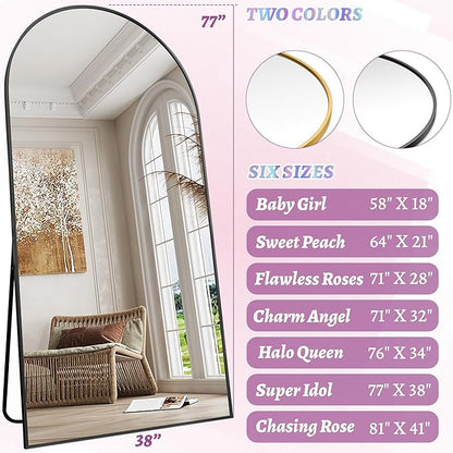 Full Length Mirror, 78"x38" Arched Floor Mirror Freestanding, Floor Standing Full Body Mirror with Stand for Bedroom, Hanging Mounted for Living Room Cloakroom, Black
