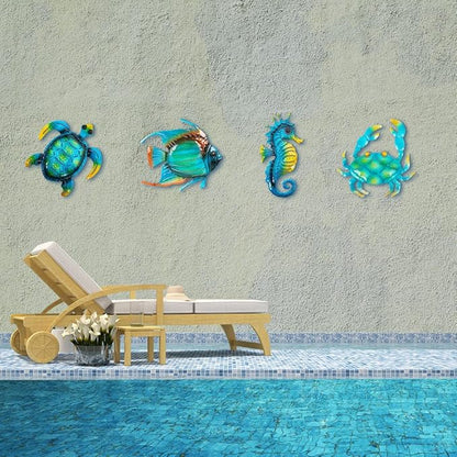 Metal Beach Wall Decor Art, Ocean Themed Sea Turtle Fish Seahorse Crab Coastal Wall Sculpture, Nautical Outdoor Decor For Garden, Fence, Patio, Pool, Bathroom (4 Pcs)