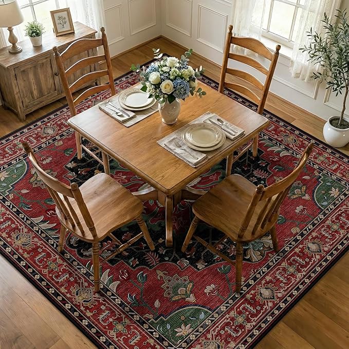 RELEANY Area Rugs Square 7ft Washable Non-Slip, Floral Vintage Distress Print Pattern Medallion Carpet for Living Room Bedroom Dining Room, Red Black