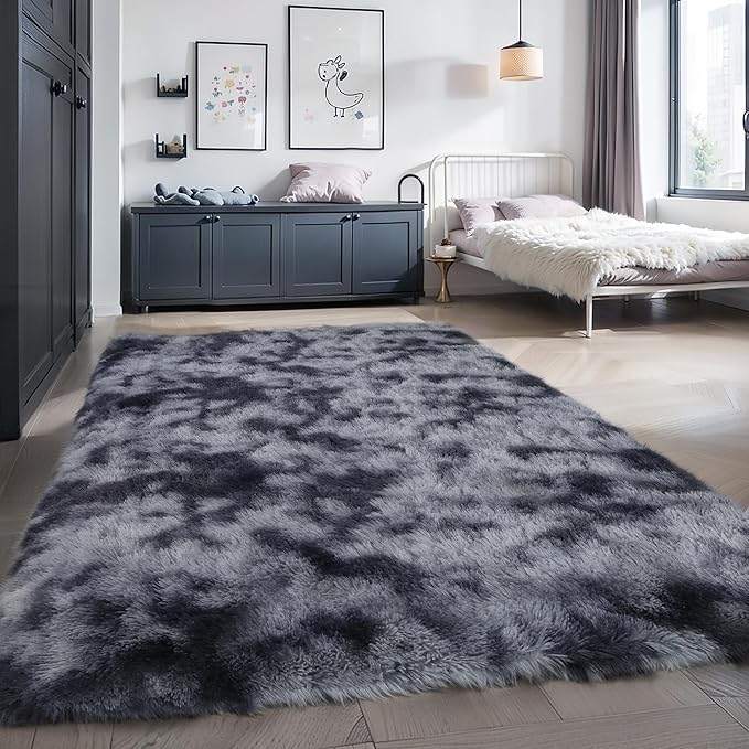 KICHOWUA 3x5 Dark Grey Fluffy Shag Rug for Bedroom, Soft Plush Fuzzy Washable Floor Non Slip Small Carpet for Living Room, Modern Comfy Furry Shaggy Area Rugs for Kids Baby Nursery Dorm, Tie-Dye Gray