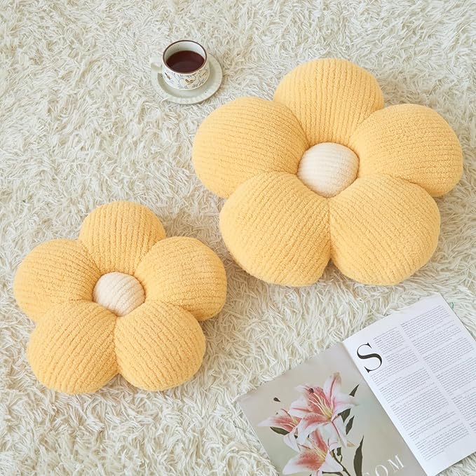 Flower Pillow, Decorative Throw Pillow for Couch, Cute Decor Pillows for Bed, Aesthetic Flower Shaped Pillow Fun Cushion (Yellow, 14.9 Inches)
