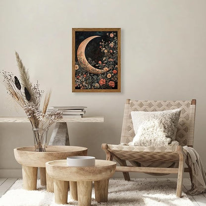 JLTULT Framed Vintage Floral and Moon Canvas Wall Art, Dark Mystical Celestial Floral Wall Decor, William Morris Gothic Prints Artwork for Bedroom Living Room Office Decoration 12x16 in Easy to Hang