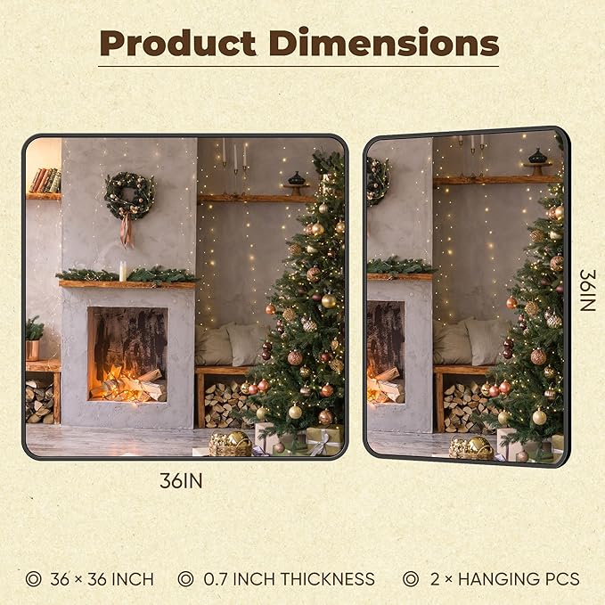 Antok 36x36 Black Metal Framed Bathroom Mirror, Wall Mirror with Round Corners, Vanity Mirror for Over Sink, Anti-Rust Tempered Glass, Horizontal/Vertical Hanging for Bathroom, Living Room, Entryway