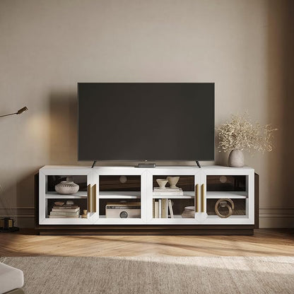 BELLEZE 70 Inches TV Stand for TVs up to 75 Inches, Modern Entertainment Center with Glass Door and Shelves, Wood Storage Cabinet for Living Room - Brixston, White