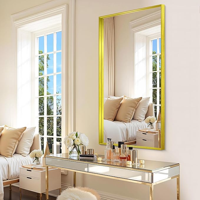 CIRCUMI Gold Bathroom Mirror, 24"x48" Rectangular Mirror with Deep Metal Frame, Brushed Finish, Tempered Glass, Mirror for Wall, Oversink, Bedroom, Installed Vertically/Horizontally, Crystal-Clear