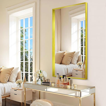 CIRCUMI Gold Bathroom Mirror, 24"x48" Rectangular Mirror with Deep Metal Frame, Brushed Finish, Tempered Glass, Mirror for Wall, Oversink, Bedroom, Installed Vertically/Horizontally, Crystal-Clear