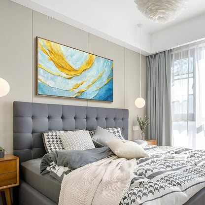Nicetop Framed Abstract Wall Art for Living Room– Large Size Coastal Canvas Print Modern Picture Horizontal Blue and Gold Artwork with Wood Frame for Bedroom Home Office Aesthetic Decor 48x24 Inch
