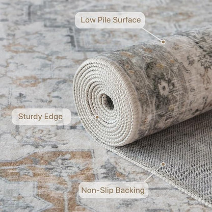 Bavni 8x10 Area Rug Washable Rug for Living Room Bedroom, Washable Vintage Print Carpet, Low Pile Rug with Non Slip Backing, Light Taupe Brown