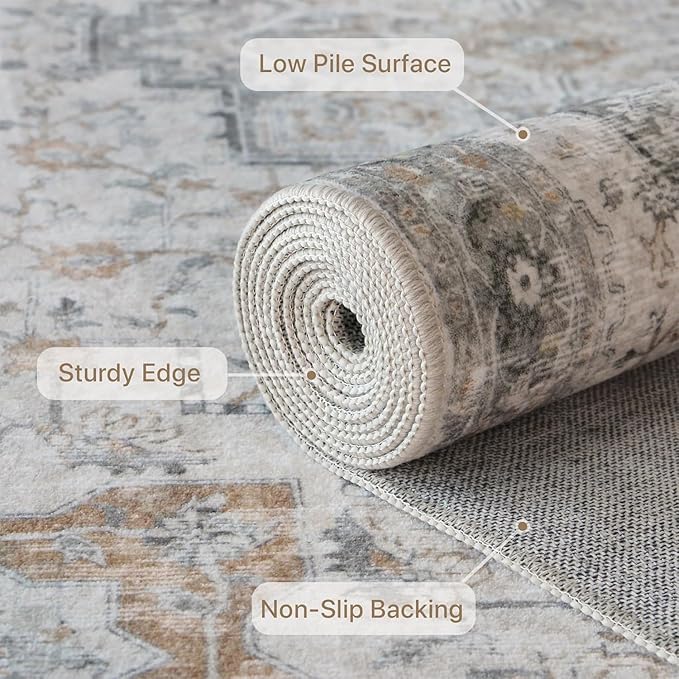 Bavni 6x9 Area Rug Washable Rug for Living Room Bedroom, Washable Vintage Print Carpet, Low Pile Rug with Non Slip Backing, Light Taupe Brown