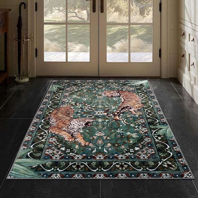 Tiger Washable Rugs 3x5ft, Green Entryway Jungle Rugs Non Slip, Soft Botanical Area Carpets for Bedroom, Low Pile Accent Floor Carpet for Kitchen Laundry Living Room Dorm Nursery Office