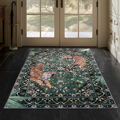 Tiger Washable Rugs 3x5ft, Green Entryway Jungle Rugs Non Slip, Soft Botanical Area Carpets for Bedroom, Low Pile Accent Floor Carpet for Kitchen Laundry Living Room Dorm Nursery Office
