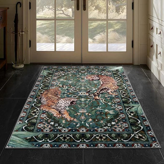 Tiger Washable Rugs 3x5ft, Green Entryway Jungle Rugs Non Slip, Soft Botanical Area Carpets for Bedroom, Low Pile Accent Floor Carpet for Kitchen Laundry Living Room Dorm Nursery Office