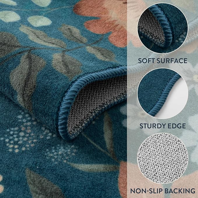 Lahome Floral Washable Rugs 8x10, Non-Slip Soft 8x10 Rugs for Living Room Bedroom, Ultra-Thin Stain Resistant Boho Blue Accent Carpet for Dining Room Office Flore (8x10ft,Navy Blue)