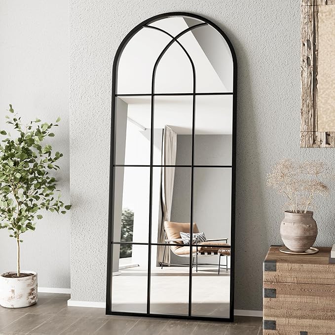 Mirror Full Length, 56"x22" Large Arched Mirror, Window Pane Wall Black Full Body Mirrors, Oversize Farmhouse Standing Mirrors for Living Room, No Stand