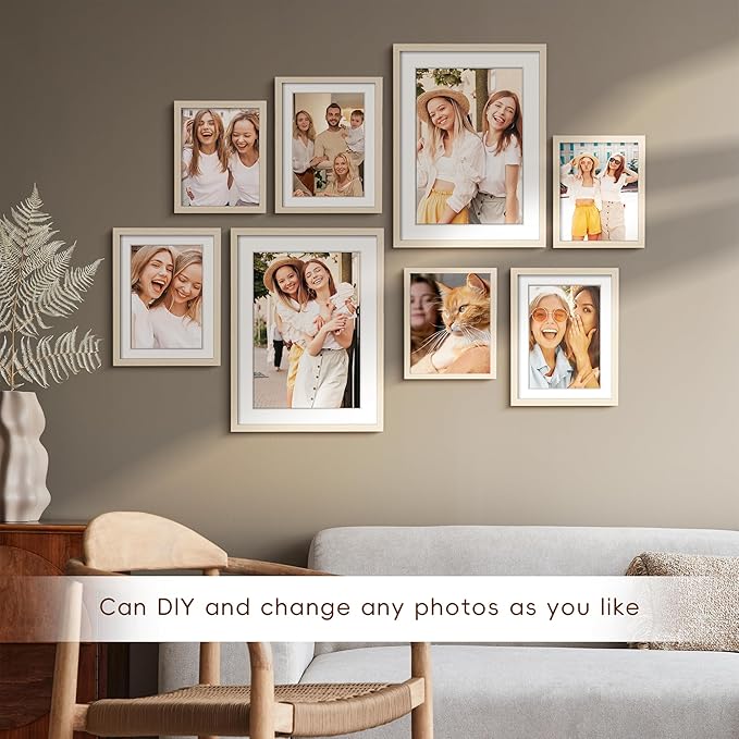 ArtbyHannah Gallery Wall Frame Set for Stairway, Neutral Wood Picture Frames Collage Wall Decor for Living Room, Entry, 8 Pack Assorted Size-11"x14", 8"x10", 6"x8"