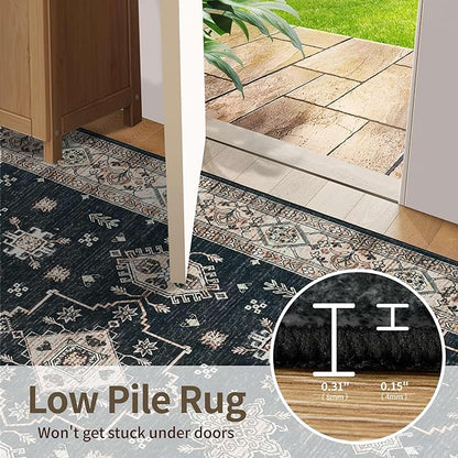 Rugxara 5x7 Area Rugs for Living Room Bedroom, Large Washable Rug, Black Vintage Floral Boho Rug, Non Slip & Low Pile Faux Wool Thin Carpet for Indoor Dining Room and Kids Room(Black 5x7ft)