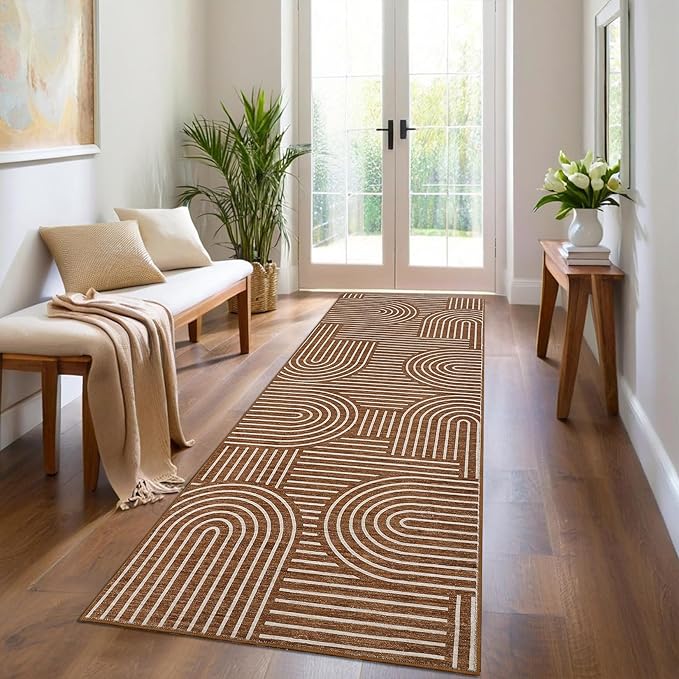 ROYHOME Modern Rug 2.5x8 Runners for Hallways, Abstract Kitchen Runner Rugs Non Slip Bath Runners, Rainbow Washable Runner Rug for Bedroom, Soft Long Rugs for Entryway Bathroom Laundry Dorm, Copper