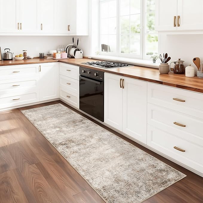 Washable 2x6 Kitchen Runner Rug: Abstract Indoor Rubber Backing Runners for Hallway Bathroom Bedroom - Easy Clean Soft Thin Floor Mat - Modern Neutral Decor Throw Carpet - Beige Brown