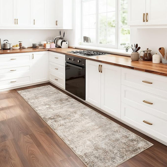Washable 2x6 Kitchen Runner Rug: Abstract Indoor Rubber Backing Runners for Hallway Bathroom Bedroom - Easy Clean Soft Thin Floor Mat - Modern Neutral Decor Throw Carpet - Beige Brown