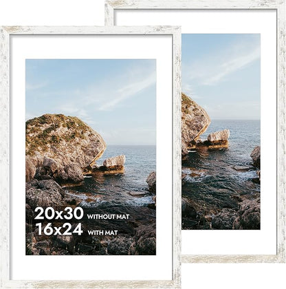 iRahmen 20x30 Poster Frame with 16x24 Mat - Plexiglass Wooden Picture Frames for Photo Wall Gallery Mounting (Distressed-White, Set of 2)