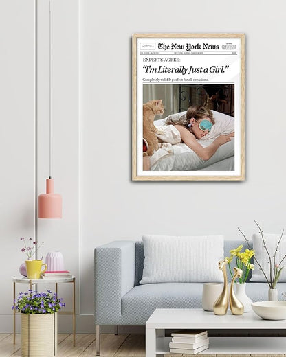 EcoHest Trendy Newspaper New York Magazine Framed Wall Art, 16x20 in Large OAK Wood I‘m Literally Just a Girl Canvas Wall Art, Preppy Home Decor, Beige Retro For Bedroom Living Room 1Pack