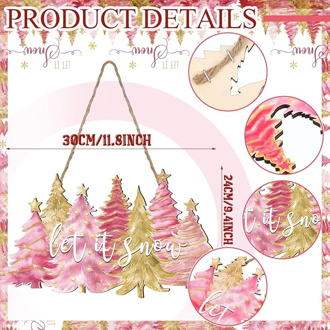 Soaoo Christmas Door Sign Pink Christmas Tree Wood Decor Let It Snow Xmas Wooden Hanging Sign Pink Xmas Tree Decorations Rustic Farmhouse for Front Door Yard Porch Outdoor Home Decor