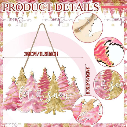 Soaoo Christmas Door Sign Pink Christmas Tree Wood Decor Let It Snow Xmas Wooden Hanging Sign Pink Xmas Tree Decorations Rustic Farmhouse for Front Door Yard Porch Outdoor Home Decor