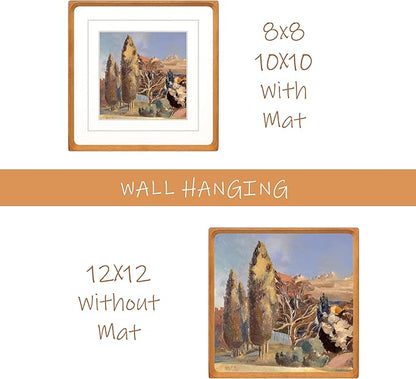 Square 12x12 Picture Frame with Mat for 8x8/10x10, Natural Teak Wood Handcrafted Rounded Corner with Real Glass, Vertical or Horizontal Display Photo Gallery Wall Mounting Frame