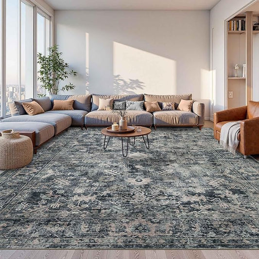 Rugxara 10x14 Area Rugs for Living Room Bedroom, Large Washable Rug, Blue Vintage Retro Boho Rug, Non Slip & Low Pile Faux Wool Thin Carpet for Indoor Dining Room and Kids Room(Blue 10x14ft)