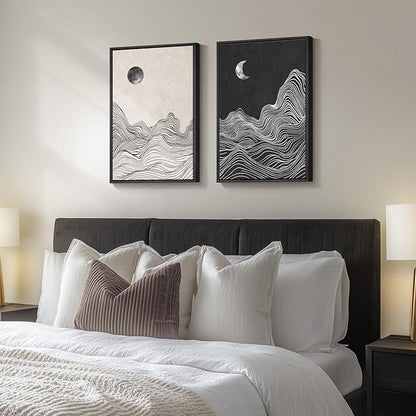 Framed Black and White Abstract Wall Art, 2 Piece Modern Canvas Prints Paintings Artwork for Walls, Abstract Mountain and Moon Pictures for Bedroom, Living Room, Dining Room Wall Decor 16x24 In