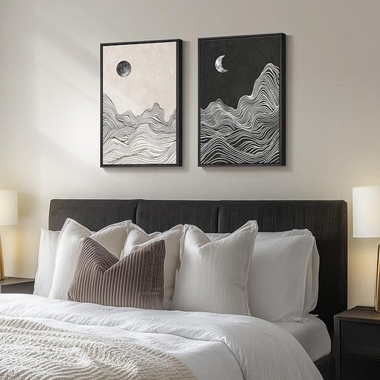Framed Black and White Abstract Wall Art, 2 Piece Modern Canvas Prints Paintings Artwork for Walls, Abstract Mountain and Moon Pictures for Bedroom, Living Room, Dining Room Wall Decor 16x24 In