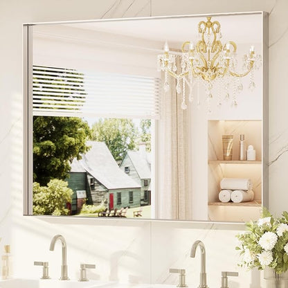 TETOTE 48" x 36" Brushed Nickel Bathroom Mirror, Brushed Nickel Vanity Wall Mirror for Bathroom Sink, Tempered Glass, Modern Farmhouse Rectangle Frame Mirrors for Bedroom, Entryway, Living Room