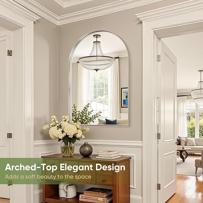 Arched Bathroom Mirror, 24x36 Inch Silver Arched Wall Mirror with Metal Deep Frame, Arch Mirrors for Wall Decor, Vanity, Entryway, Living Room