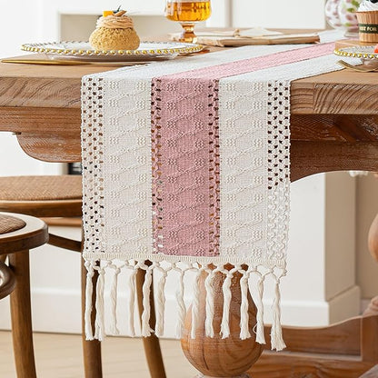 FEXIA Boho Table Runner Summer Home Decor with Tassels 72 Inches Long Pink Farmhouse Rustic Table Runner Burlap Centerpieces for Tables Decoration for Living Room (12x72 Inches)