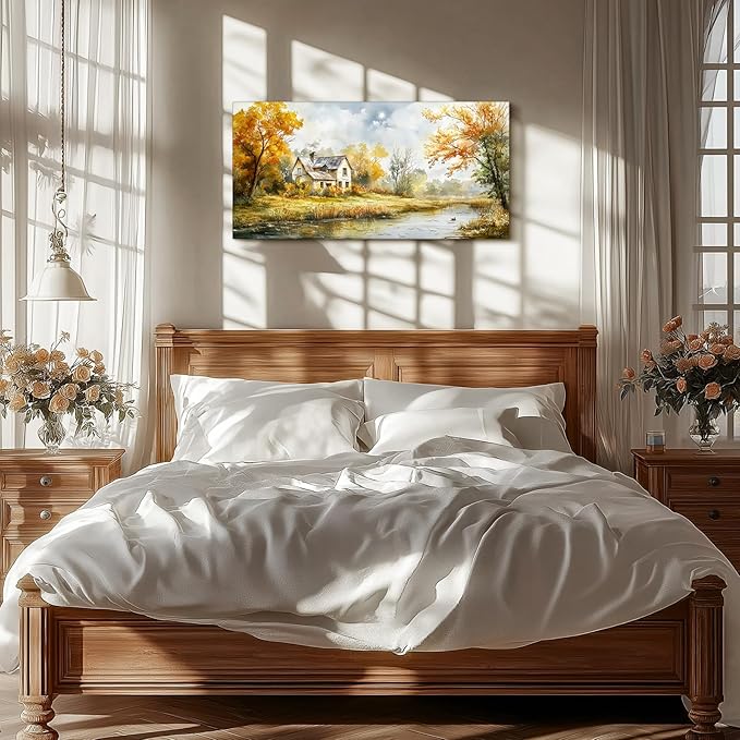 SERIMINO Rustic Landscape Large Wall Art, Forest Lake Cottage Painting Art Prints, Countryside Autumn Scenery Home Decor Artwork, Nature Canvas Wall Pictures for Living Room Bedroom Farmhouse 20"X40"