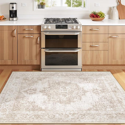 Area Rug 3x5 Vintage Rug: Washable Indoor Medallion Rug Low Pile Distressed Floor Carpet Retro Accent Doormat for Bedroom Bathroom Hallway Kitchen Home Office(Beige, 3'x5')