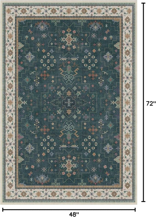 Hazo Haus Dark Green 4x6 Living Room Rug - Modern Vintage Boho Floral Forest, Washable Low Pile Non-Slip Area Rugs for Door Mat Entrance, Mudroom, Kitchen, Bedroom Beside Bed, Office