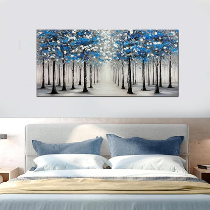 Trogonup Large Forest Wall Art for Living Room Blue and White Trees Landscape Painting Modern Textured Oil Painting for Bedroom Office Home Decor 24x48 Inch