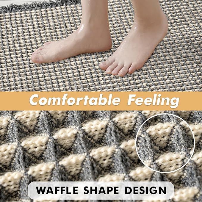 MIULEE Set of 2 Waffle Bathroom Rugs, Boho Bath Rugs Non Slip Washable, Super Absorbent Bath Mats, Ultra Soft Rubber Backed Shower Mats for Bathroom Floor, Tub, Shower, Dark Grey & Yellow, 24x36 Inch