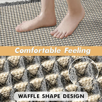 MIULEE Set of 2 Waffle Bathroom Rugs, Boho Bath Rugs Non Slip Washable, Super Absorbent Bath Mats, Ultra Soft Rubber Backed Shower Mats for Bathroom Floor, Tub, Shower, Dark Grey & Yellow, 24x36 Inch