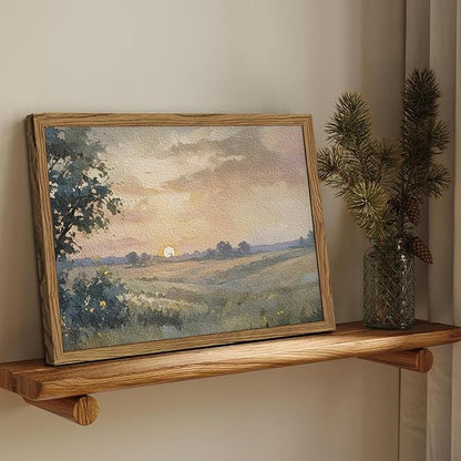 Vintage Sunset Wall Art Rustic Cottagecore Landscape Wall Decor Fall Country Nature Painting Artwork 3D Textured Sandstone for Living Room Bedroom 16x24 Inch Wood Framed