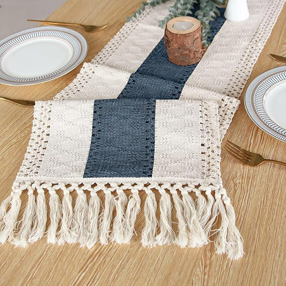 FEXIA Boho Blue Table Runner 108 Inches Long with Tassels Macrame Farmhouse Summer Style Graduation Party Rustic Wedding Baby Shower Dining Kitchen Living Room Decor (12x108 Inches)