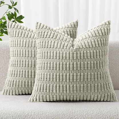 MIULEE Pack of 2 Spring Corduroy Decorative Euro Sham Throw Pillow Covers 24x24 Inch Soft Boho Striped Pillow Covers Modern Farmhouse Home Decor for Summer Sofa Living Room Couch Bed Light Green
