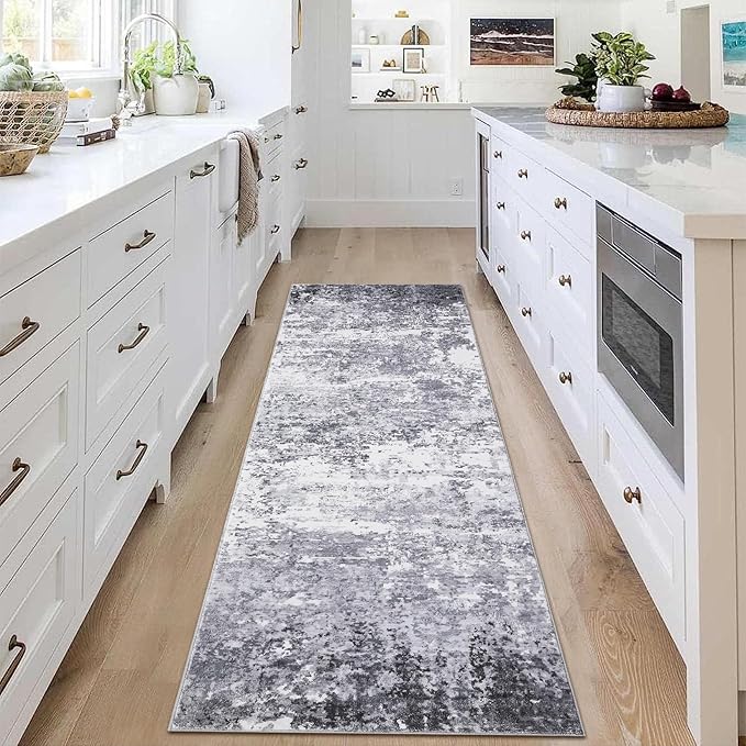 ROYHOME 2x6 Modern Abstract Runner Rug Non Slip Soft Rug Stain Resistant Rugs Low Pile Non Shed Machine Washable for Hallway Kitchen Bathroom, Light Grey