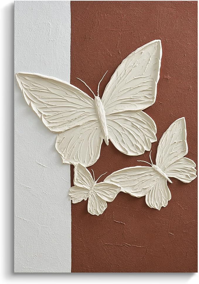 JUHOME Abstract Butterfly Canvas Wall Art,24x36 Inch Hand-Painted Textured Vertical Oil Painting,Minimalist White Butterfly Artwork for Living Room Bedroom Office, Large Original Wall Decor on Canvas